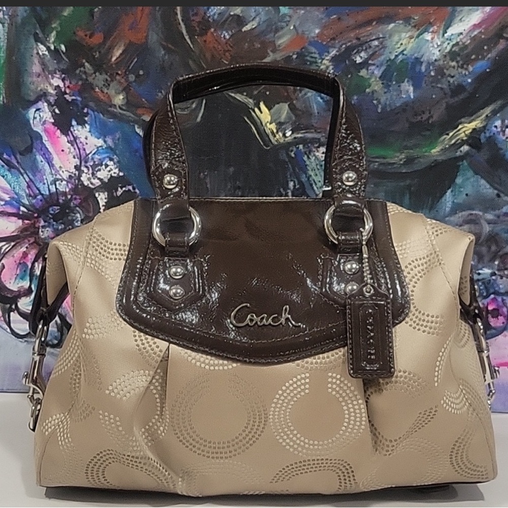 Coach Beige and Dark Brown Patent Trim Satchel